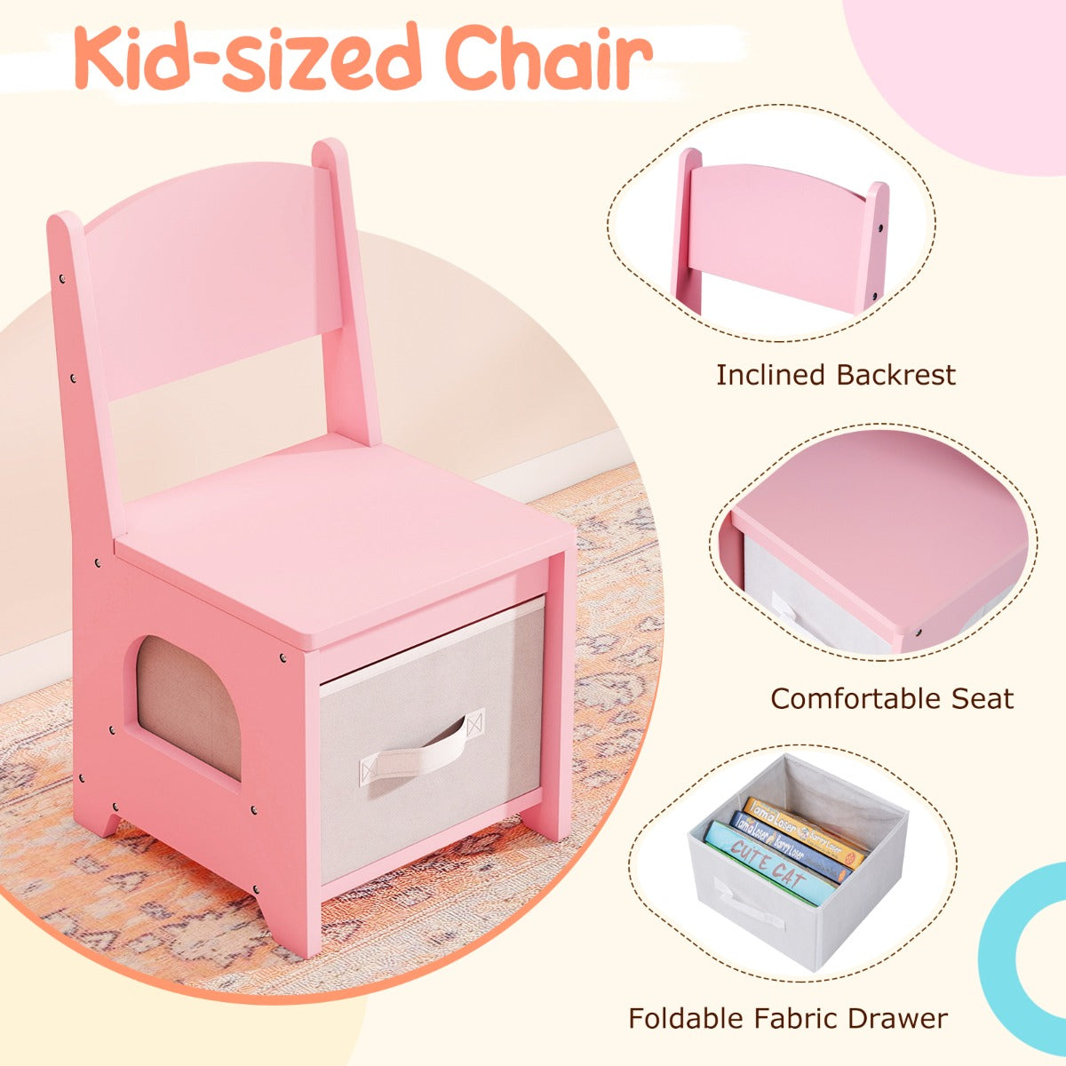Livsk costway kinderkaptafel met lichte houten prinsessen stijl kaptafel en stoelenset roze 4