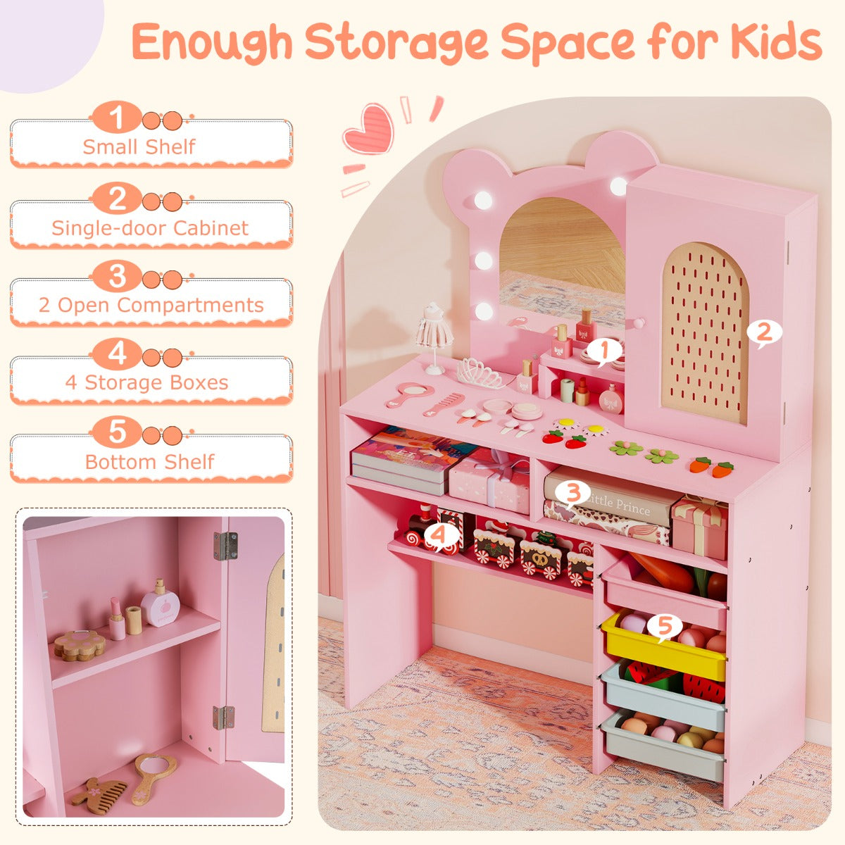 Livsk costway kinderkaptafel met lichte houten prinsessen stijl kaptafel en stoelenset roze 5