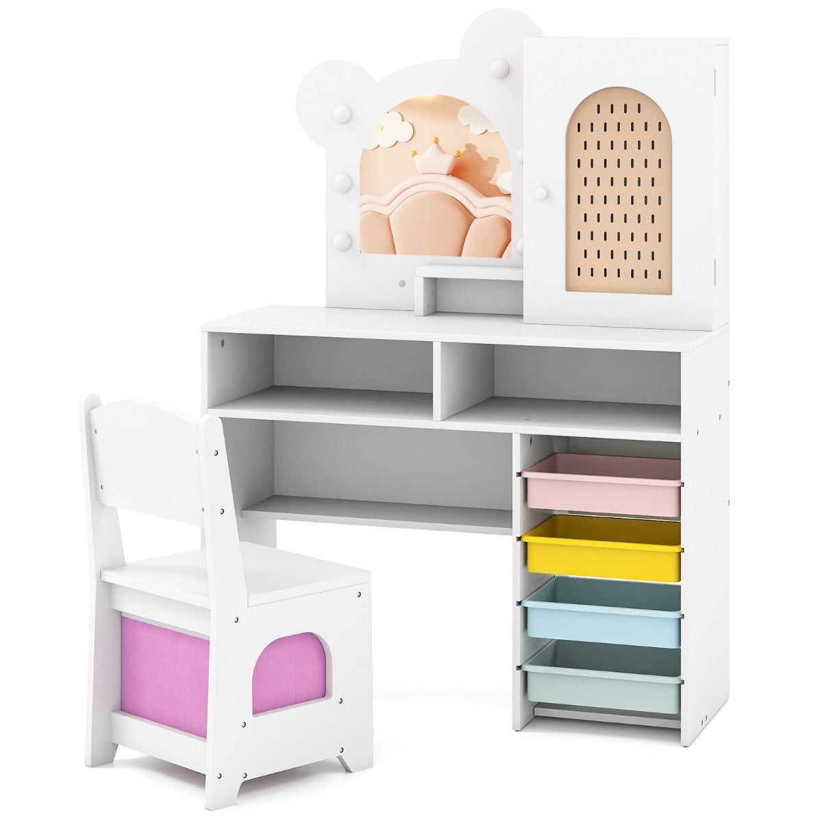 Livsk costway kinderkaptafel met lichte houten prinsessen stijl kaptafel en stoelenset wit