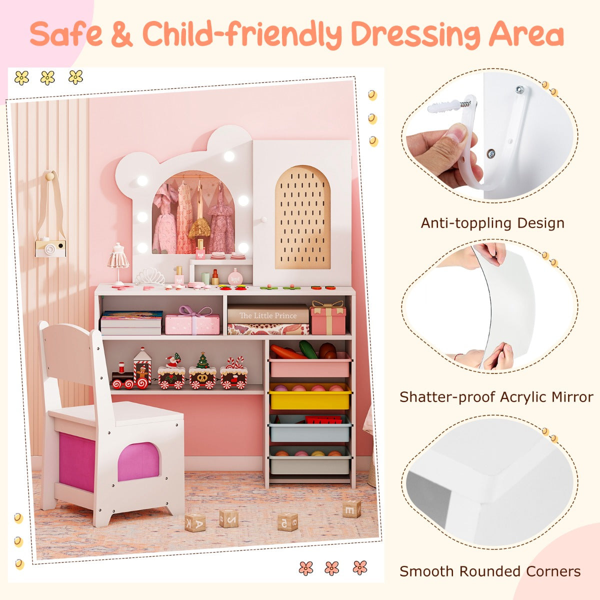 Livsk costway kinderkaptafel met lichte houten prinsessen stijl kaptafel en stoelenset wit 3