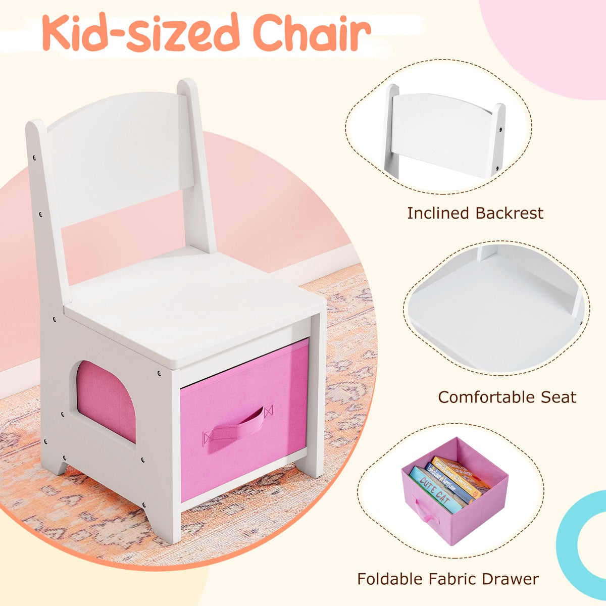 Livsk costway kinderkaptafel met lichte houten prinsessen stijl kaptafel en stoelenset wit 4