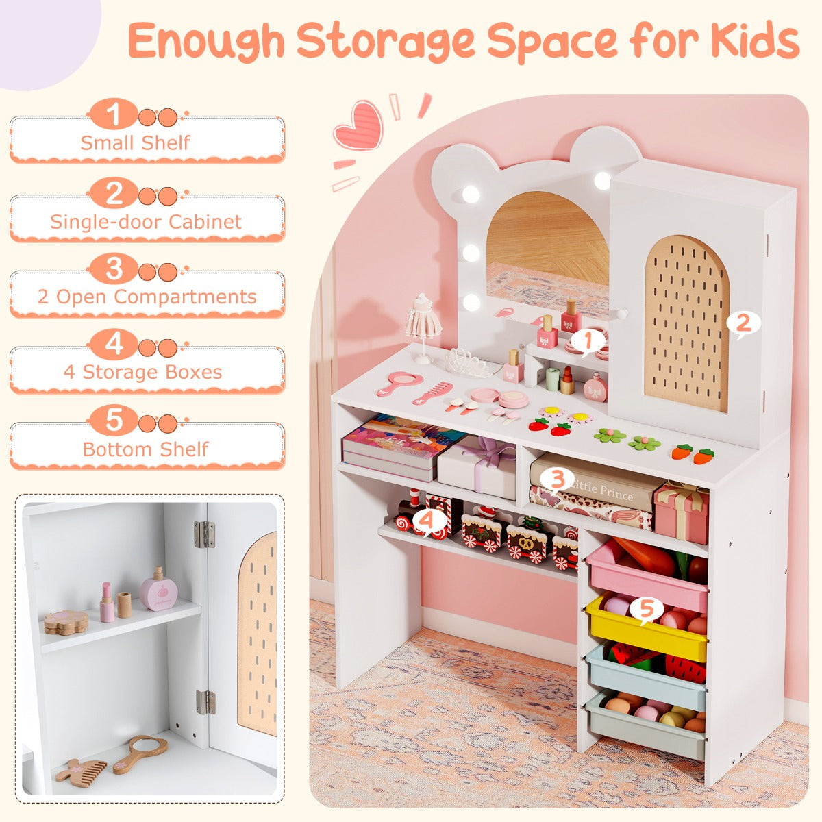 Livsk costway kinderkaptafel met lichte houten prinsessen stijl kaptafel en stoelenset wit 6