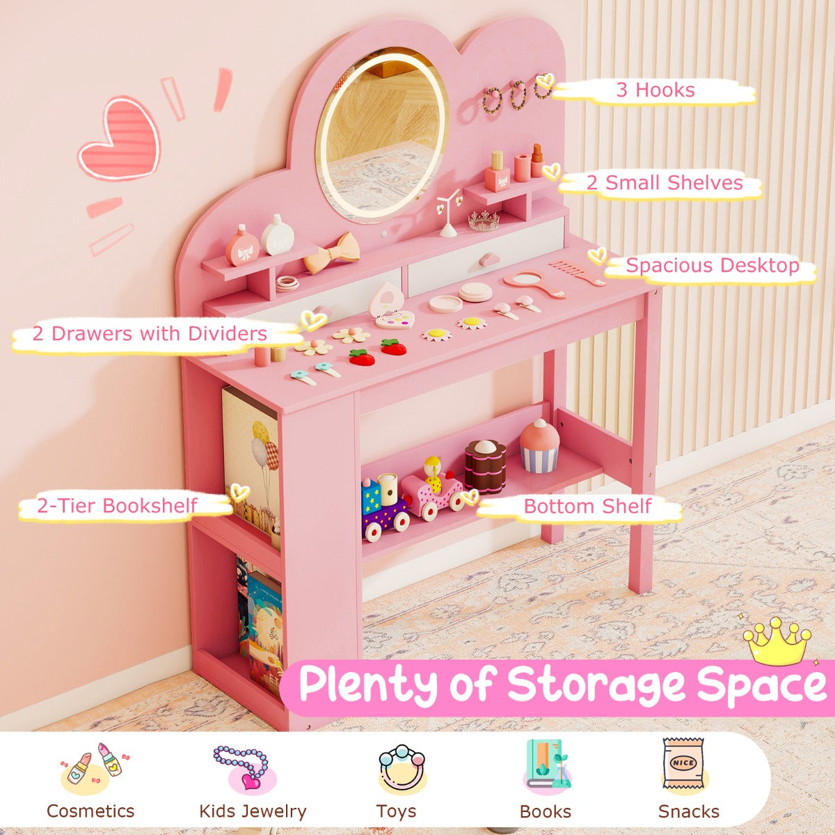 Livsk costway kinderkaptafel met lichte prinsessenstijl kaptafelset roze 2