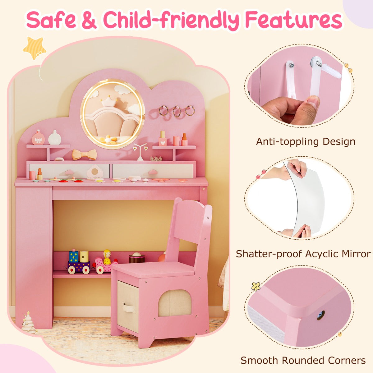 Livsk costway kinderkaptafel met lichte prinsessenstijl kaptafelset roze 3