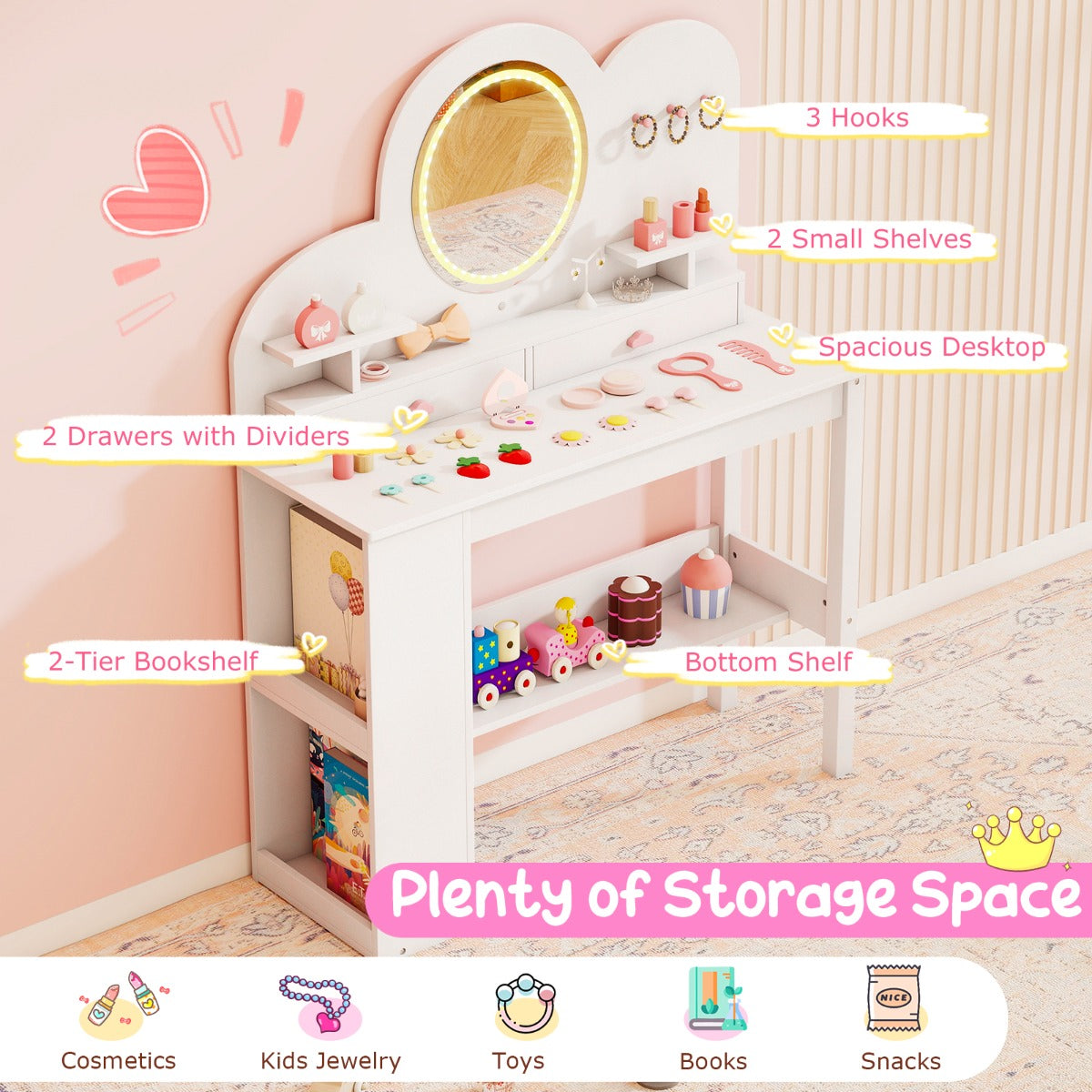 Livsk costway kinderkaptafel met lichte prinsessenstijl kaptafelset wit 2 1