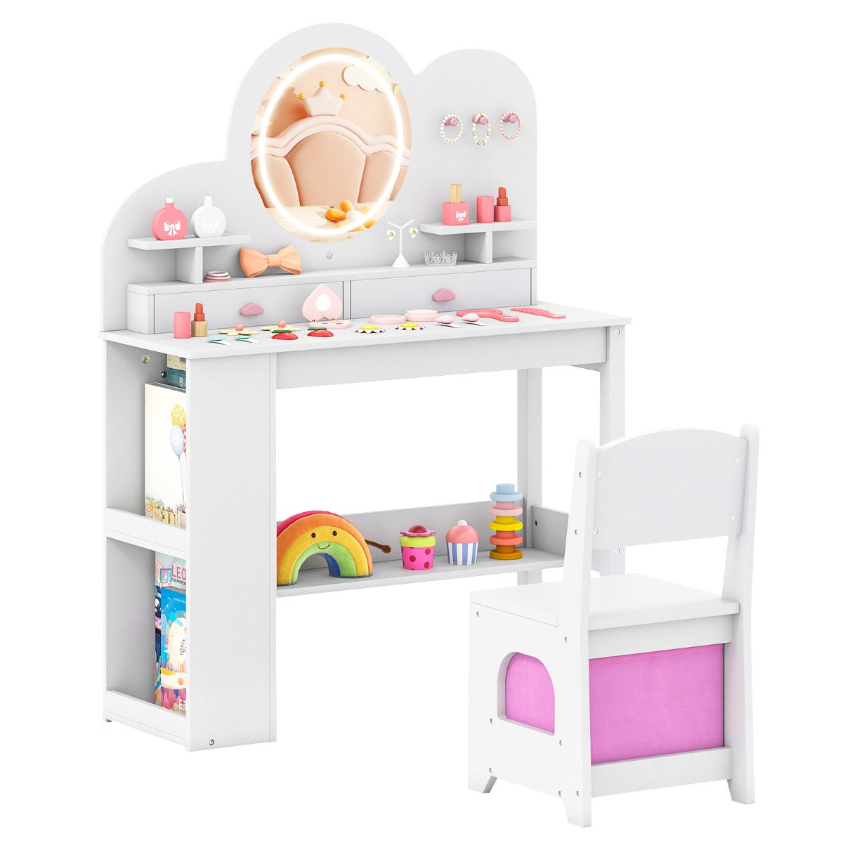 Livsk costway kinderkaptafel met lichte prinsessenstijl kaptafelset wit 1