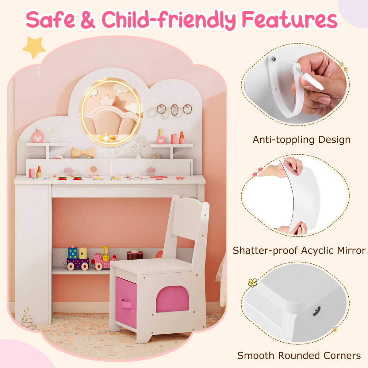 Livsk costway kinderkaptafel met lichte prinsessenstijl kaptafelset wit 3
