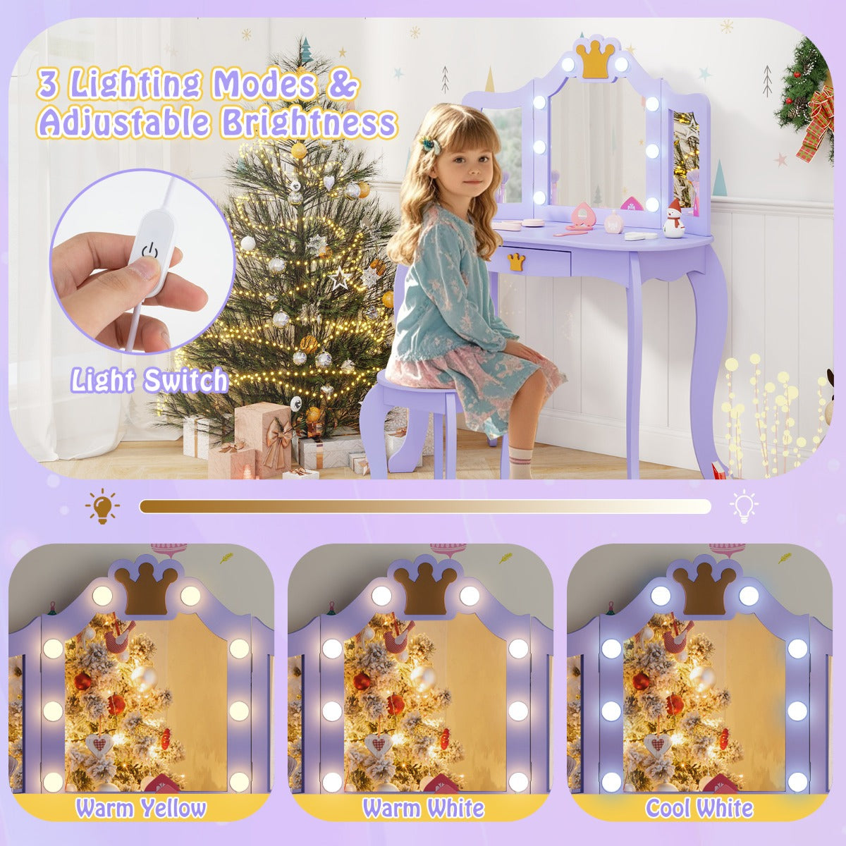 Livsk costway kinderkaptafel met verlichting meisjeskaptafel paars 5