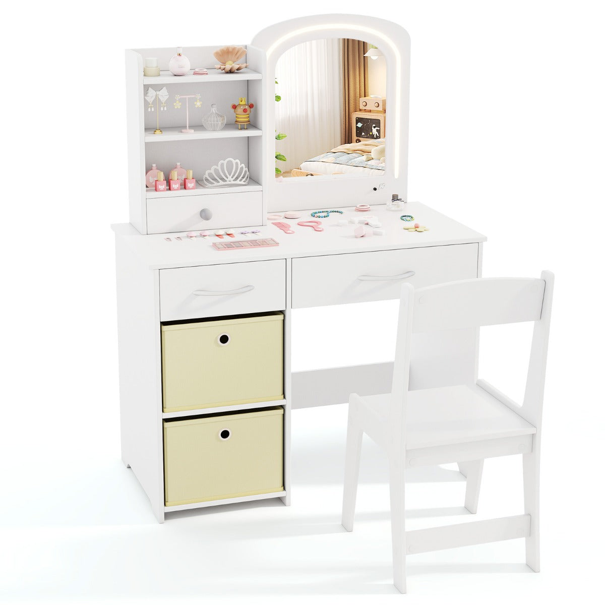 Livsk costway kinderkaptafel met verlichting spiegel laden en 2 opbergdozen kaptafel met kruk make uptafel voor kinderen vanaf 3 jaar wit 1 1