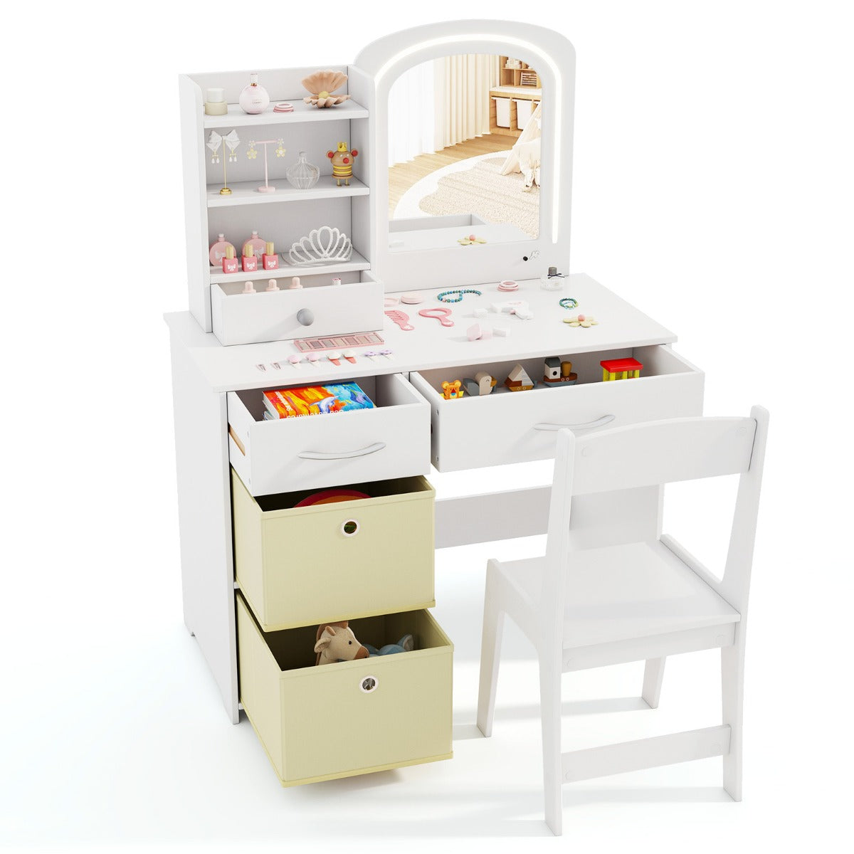Livsk costway kinderkaptafel met verlichting spiegel laden en 2 opbergdozen kaptafel met kruk make uptafel voor kinderen vanaf 3 jaar wit