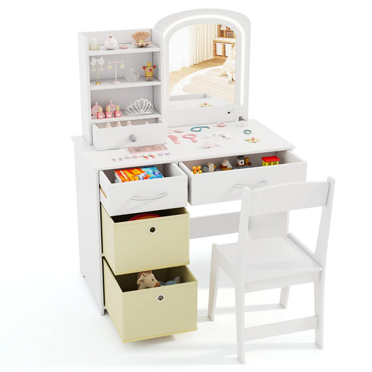 Livsk costway kinderkaptafel met verlichting spiegel laden en 2 opbergdozen kaptafel met kruk make uptafel voor kinderen vanaf 3 jaar wit