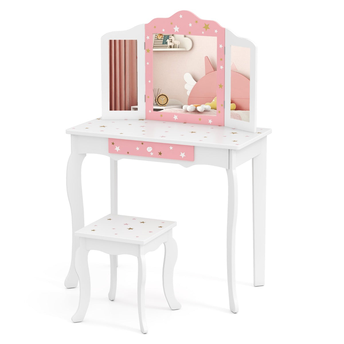 LIVSK Kinderkaptafel Set - 3-voudige Klapspiegel - Praktische Lade - Veilig MDF - Ideaal Cadeau - Wit