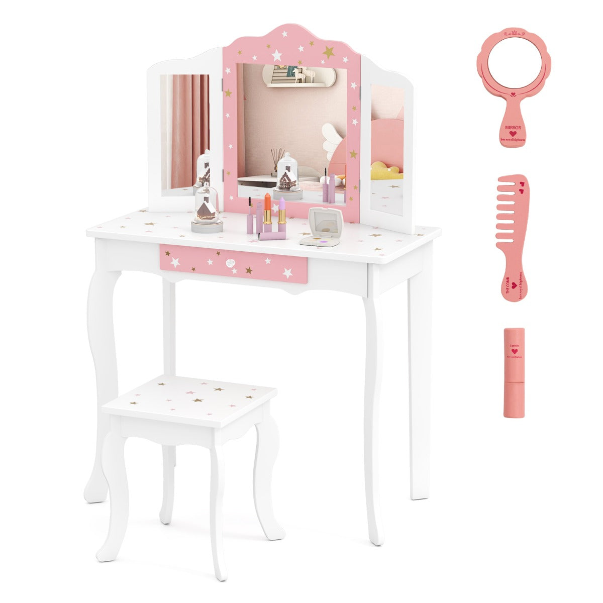 LIVSK Kinderkaptafel Set - 3-voudige Klapspiegel - Praktische Lade - Veilig MDF - Ideaal Cadeau - Wit