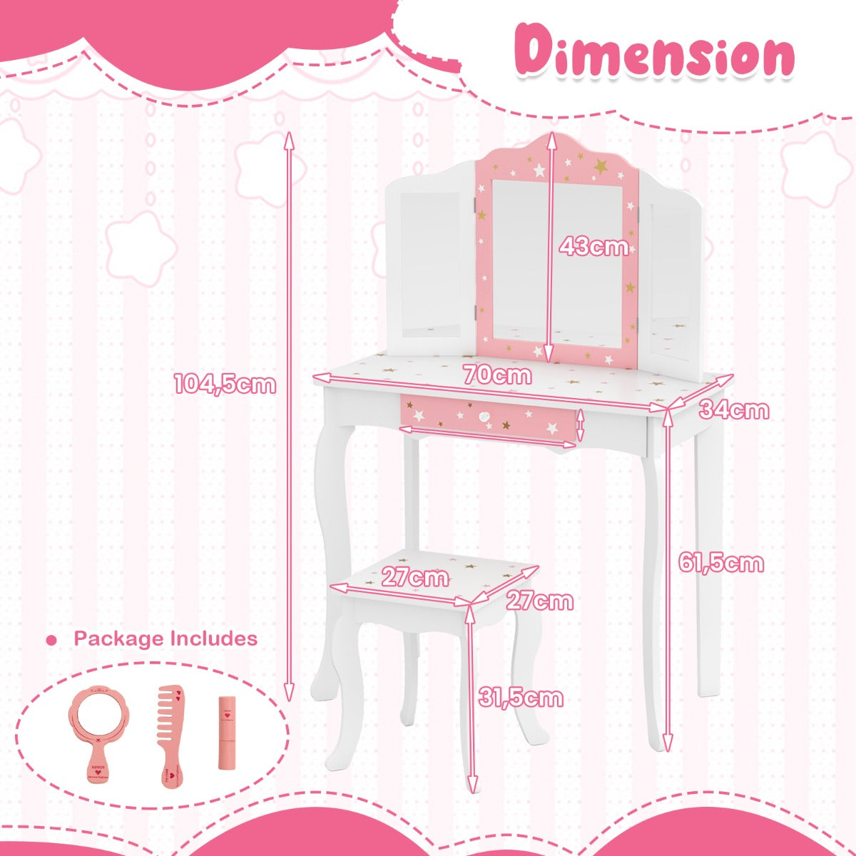 LIVSK Kinderkaptafel Set - 3-voudige Klapspiegel - Praktische Lade - Veilig MDF - Ideaal Cadeau - Wit