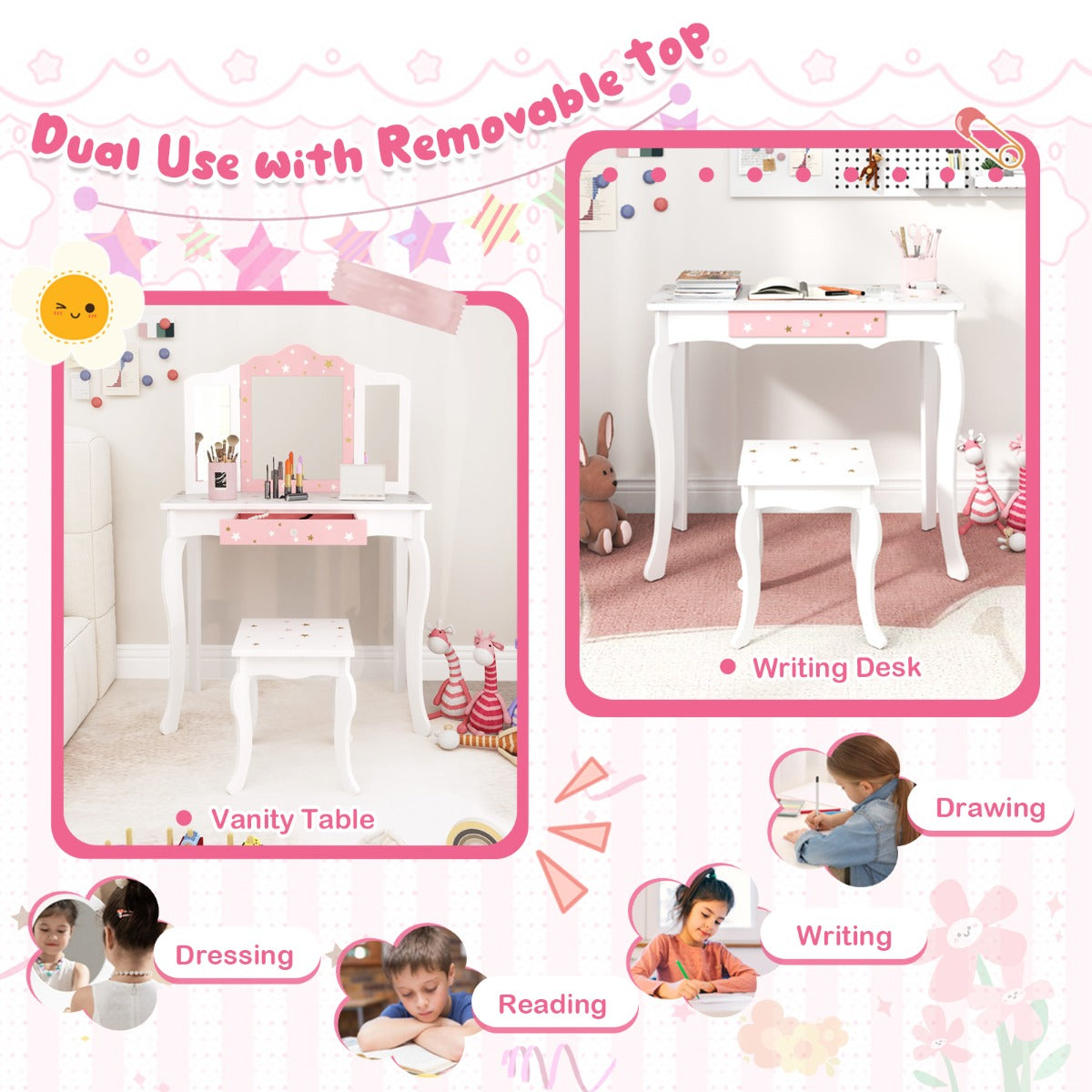 LIVSK Kinderkaptafel Set - 3-voudige Klapspiegel - Praktische Lade - Veilig MDF - Ideaal Cadeau - Wit