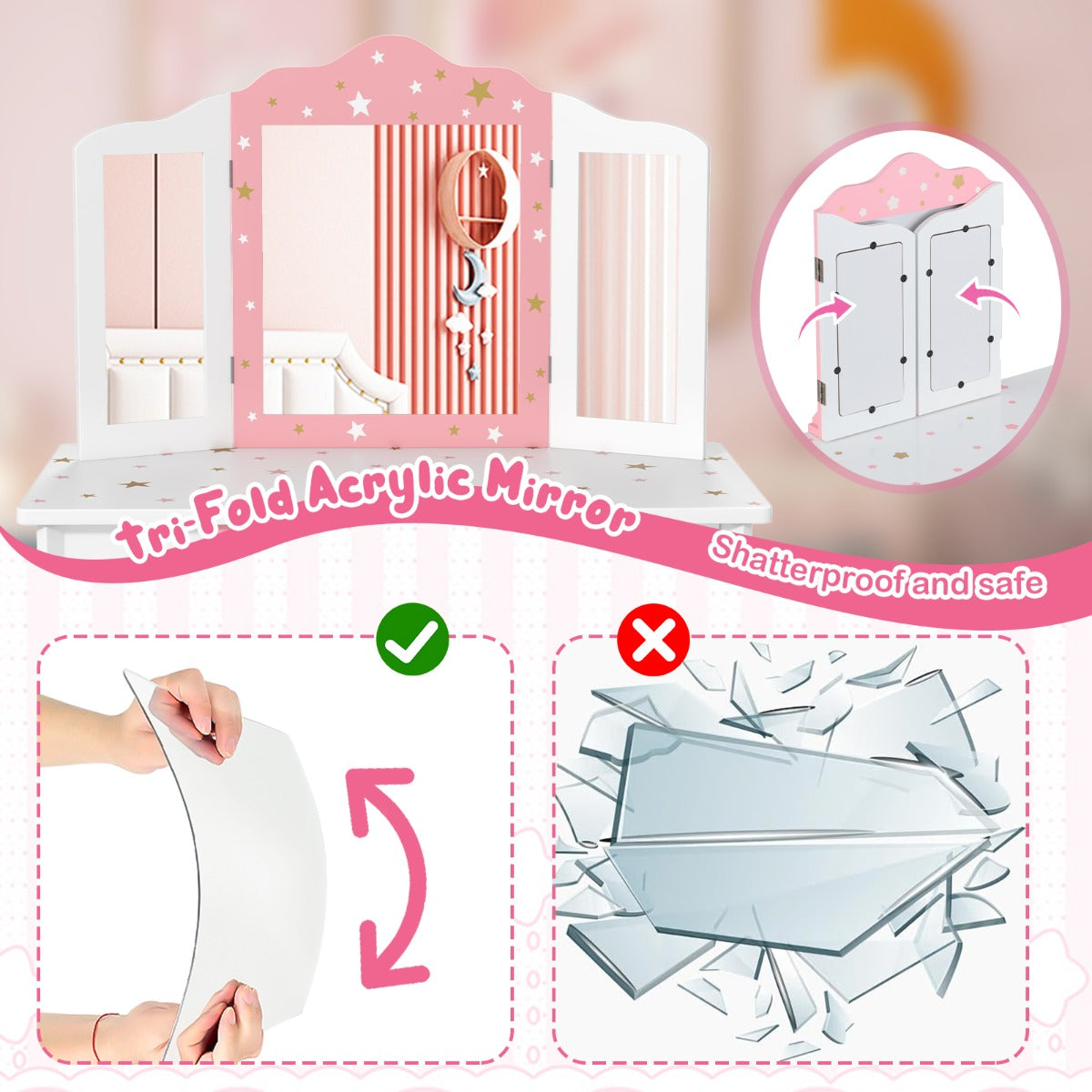 LIVSK Kinderkaptafel Set - 3-voudige Klapspiegel - Praktische Lade - Veilig MDF - Ideaal Cadeau - Wit