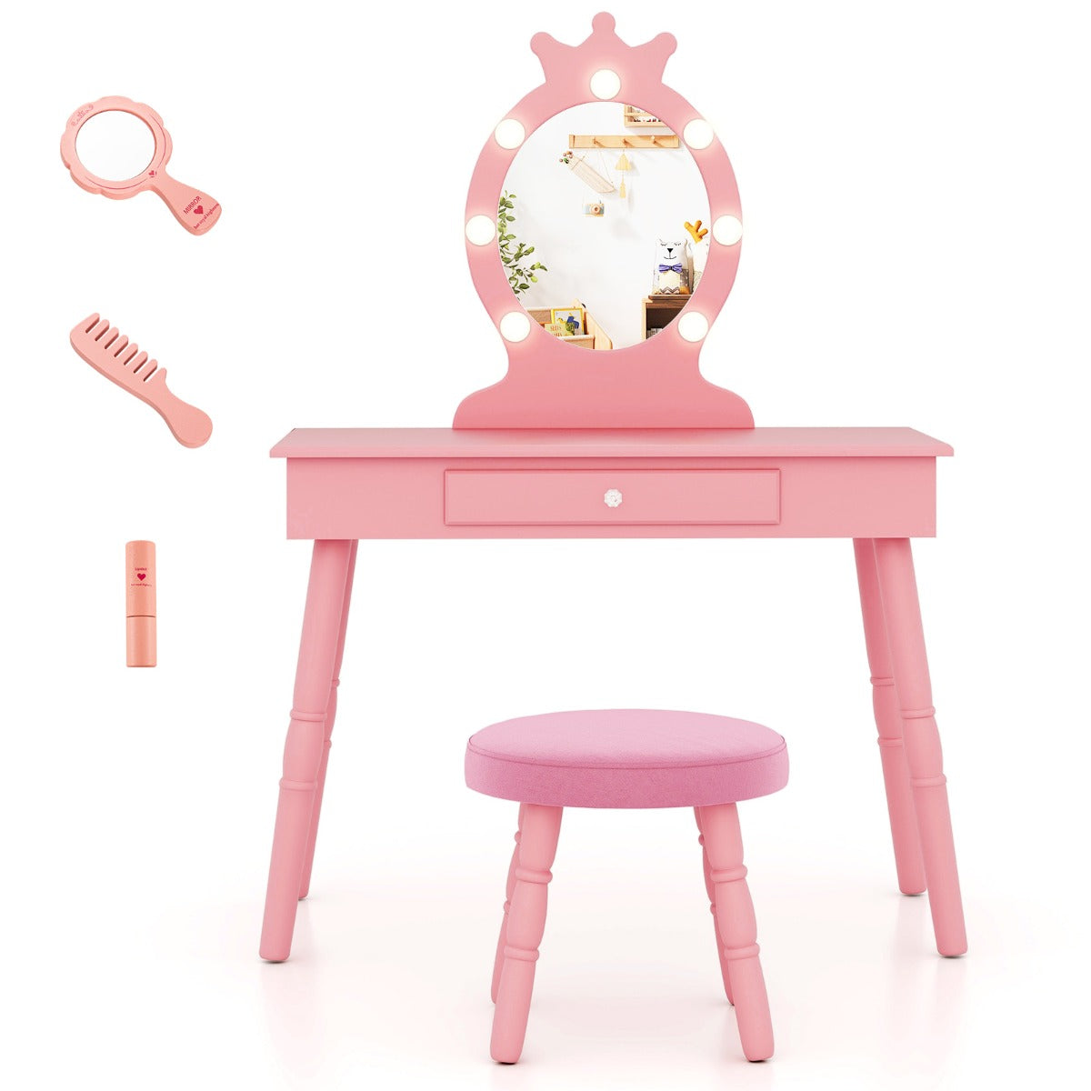 LIVSK Kinderkaptafel Set - Verlichte Spiegel met 3 standen - Uitschuifbare Lade - Gewatteerd Krukje - Roze/Wit