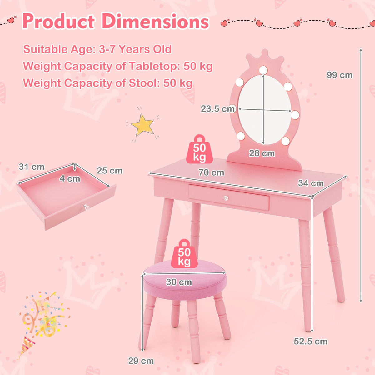 LIVSK Kinderkaptafel Set - Verlichte Spiegel met 3 standen - Uitschuifbare Lade - Gewatteerd Krukje - Roze/Wit