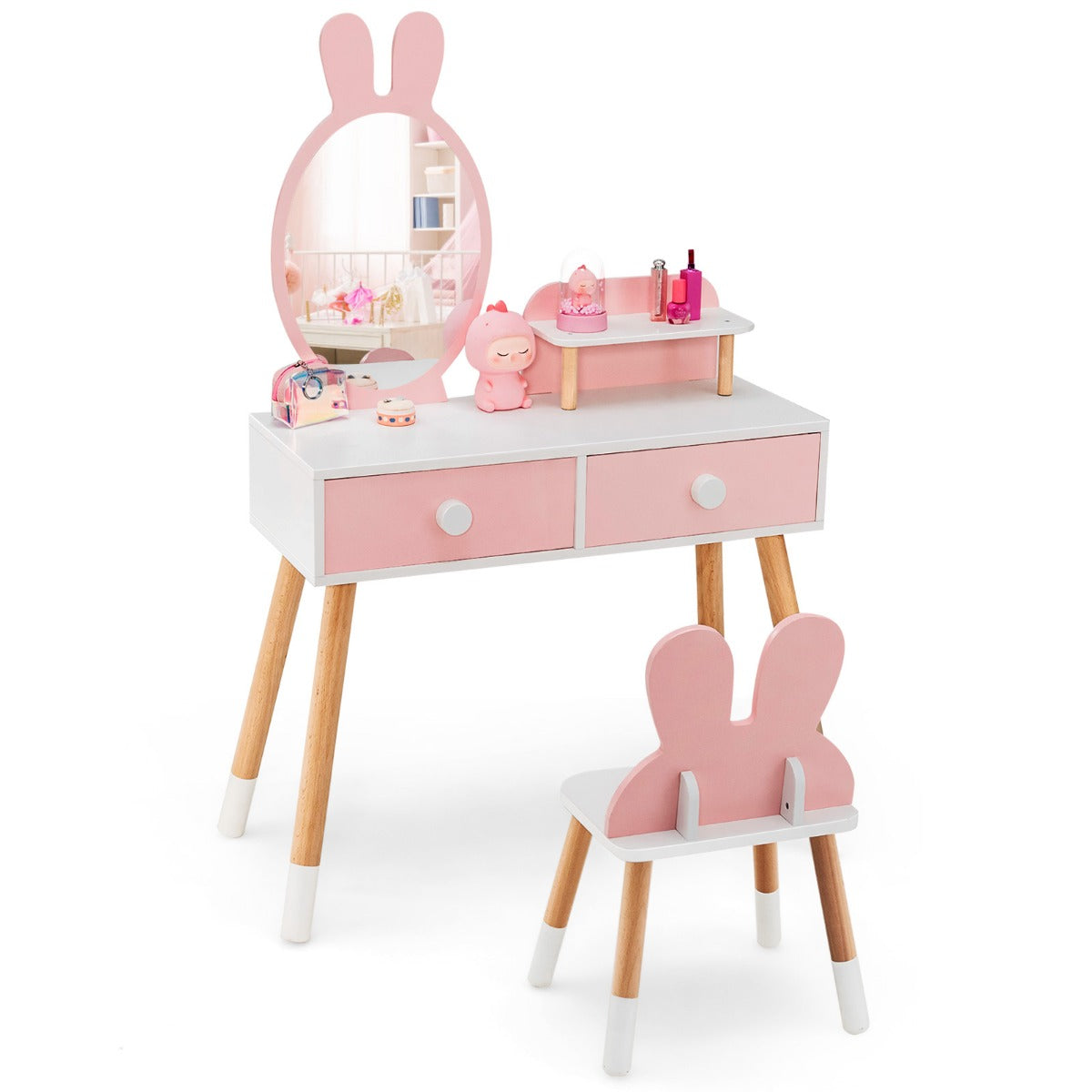 LIVSK Kinderkaptafel met Konijnendesign - Onbreekbare Spiegel - 2 Laden - Ruim Tafelblad - Duurzaam MDF - Roze