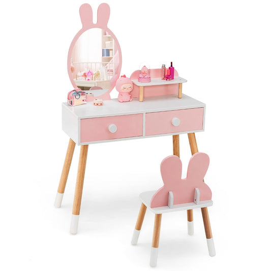 LIVSK Kinderkaptafel met Konijnendesign - Onbreekbare Spiegel - 2 Laden - Ruim Tafelblad - Duurzaam MDF - Roze