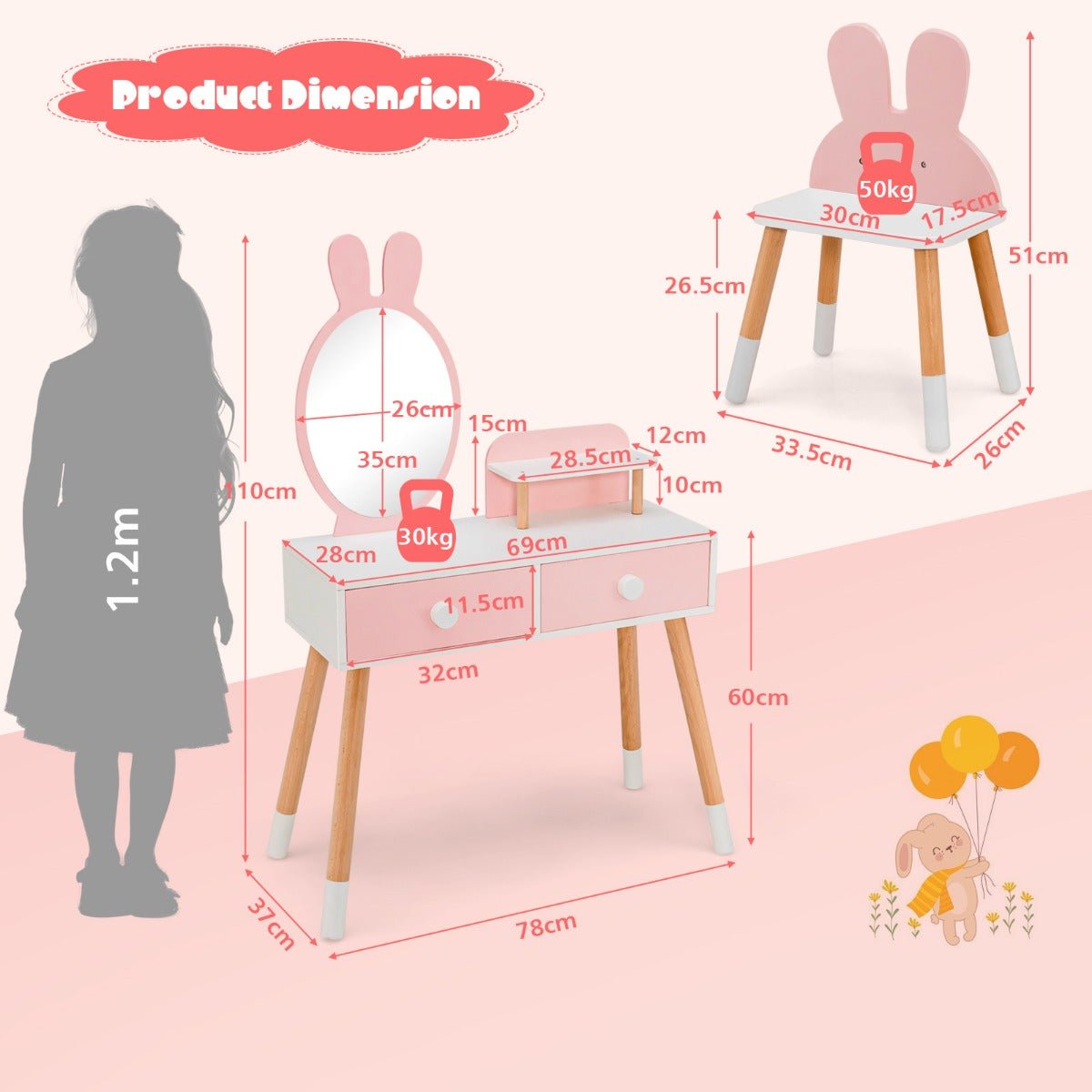 LIVSK Kinderkaptafel met Konijnendesign - Onbreekbare Spiegel - 2 Laden - Ruim Tafelblad - Duurzaam MDF - Roze