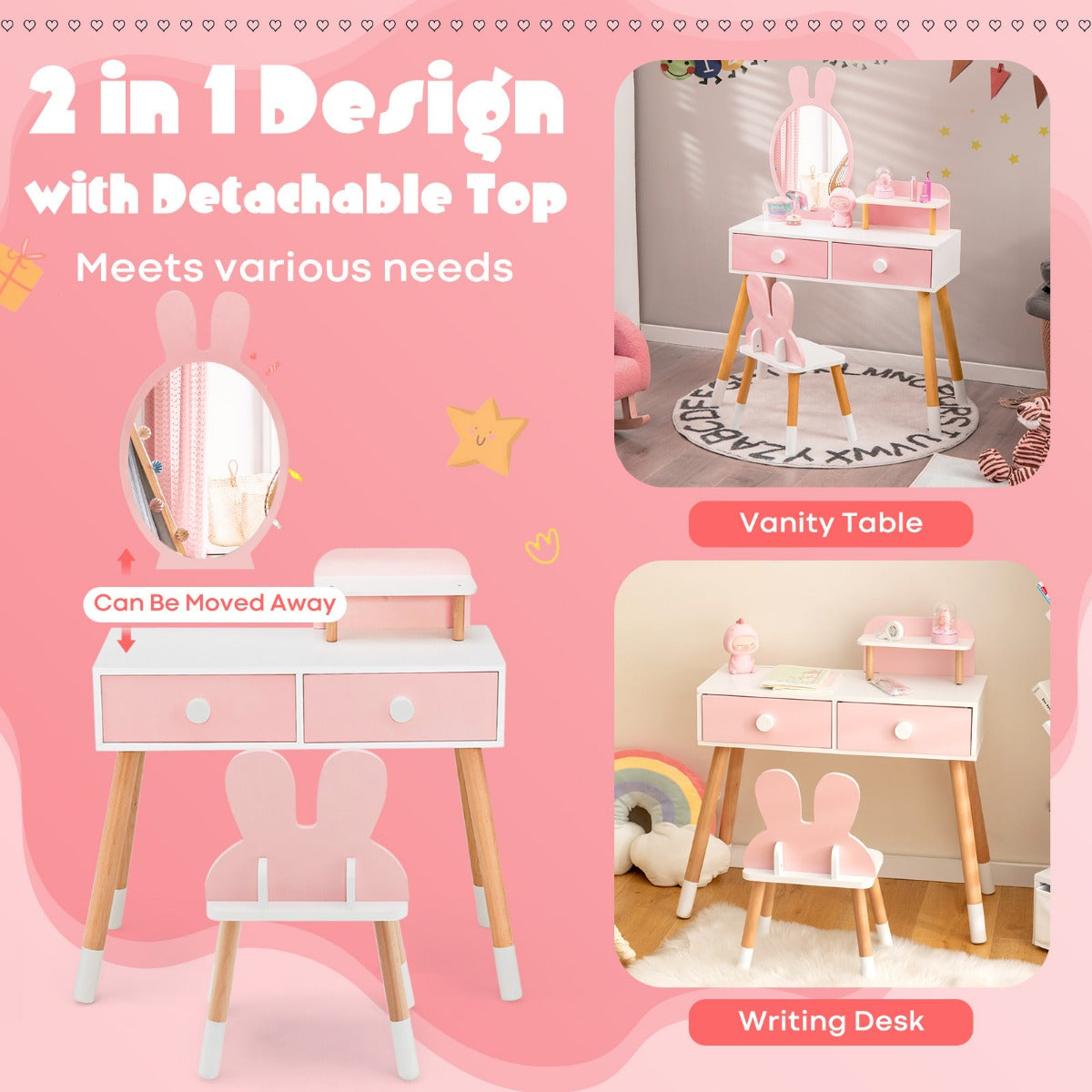 LIVSK Kinderkaptafel met Konijnendesign - Onbreekbare Spiegel - 2 Laden - Ruim Tafelblad - Duurzaam MDF - Roze