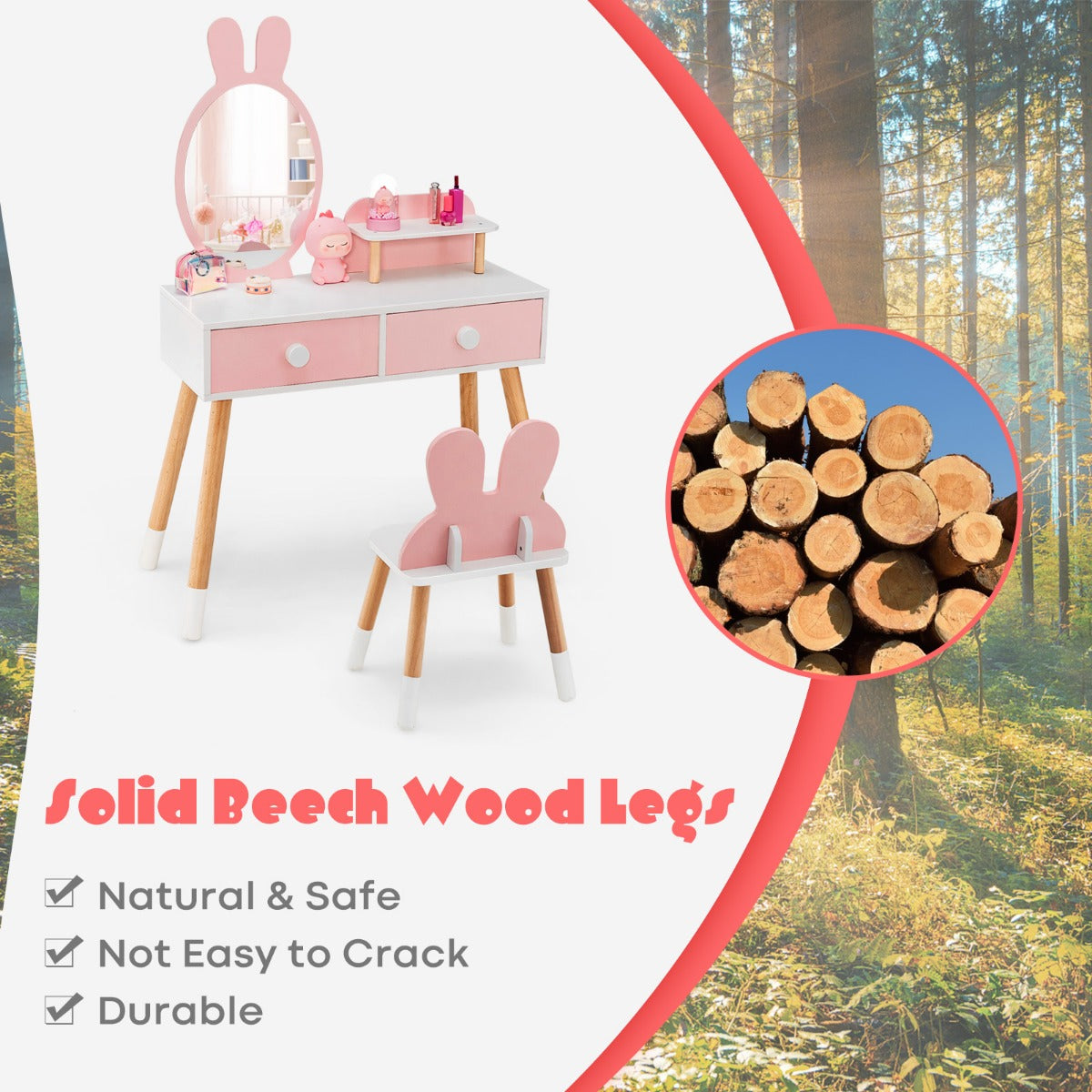 LIVSK Kinderkaptafel met Konijnendesign - Onbreekbare Spiegel - 2 Laden - Ruim Tafelblad - Duurzaam MDF - Roze