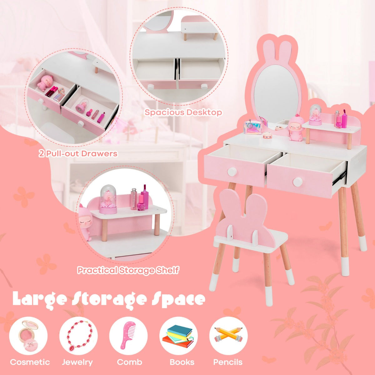 LIVSK Kinderkaptafel met Konijnendesign - Onbreekbare Spiegel - 2 Laden - Ruim Tafelblad - Duurzaam MDF - Roze