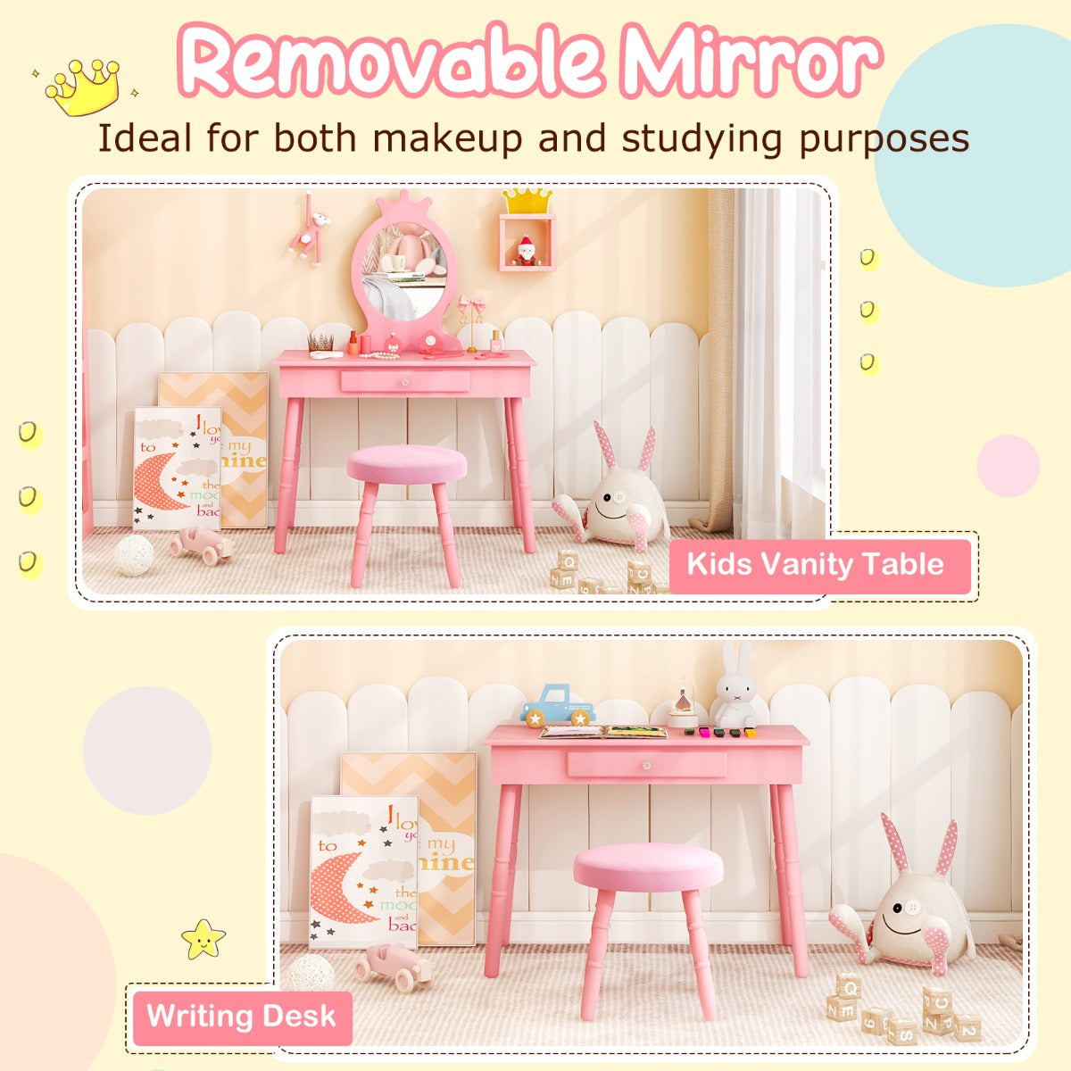 LIVSK Kinderkaptafelset - Hoogwaardig MDF en Dennenhout - Veilig met Ronde Hoeken - Handige Opberglade - Roze