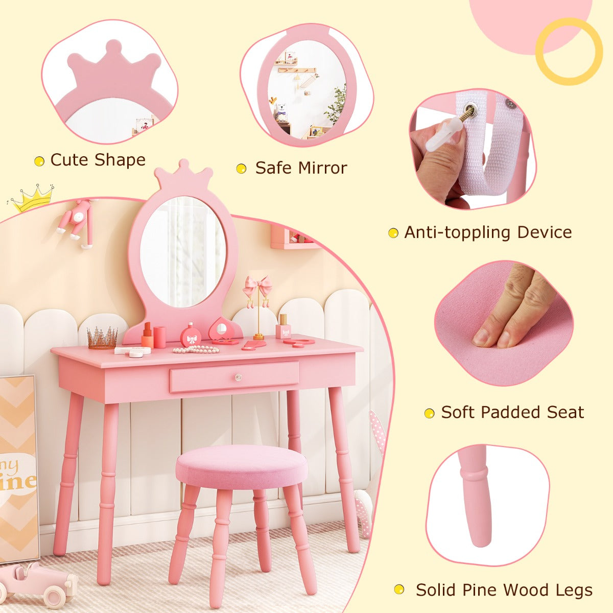 LIVSK Kinderkaptafelset - Hoogwaardig MDF en Dennenhout - Veilig met Ronde Hoeken - Handige Opberglade - Roze