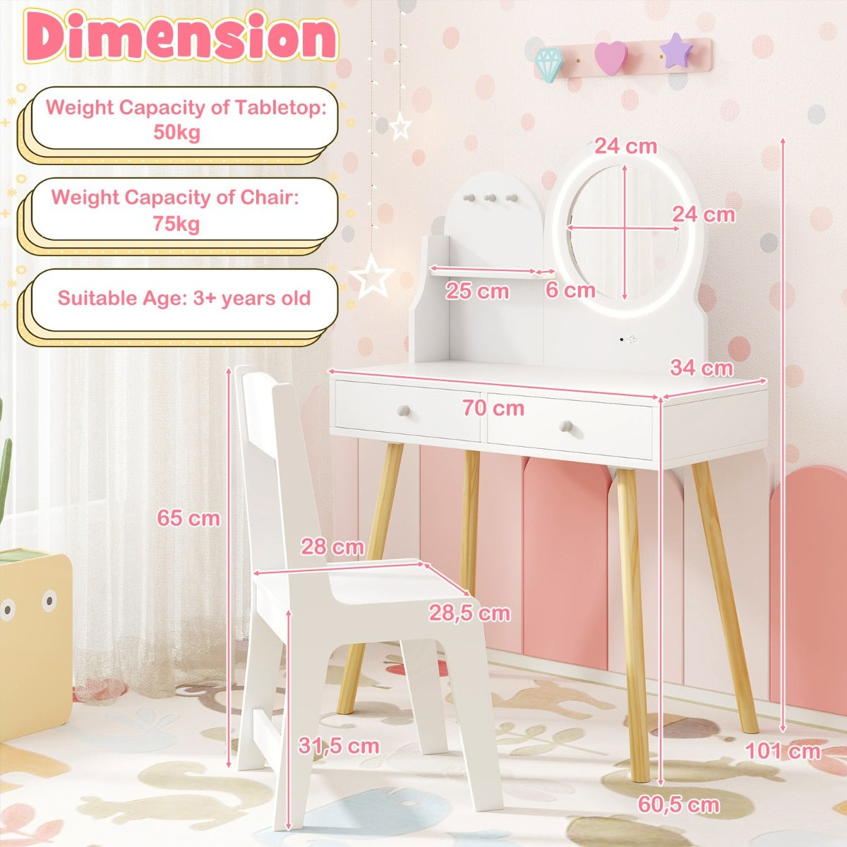 Livsk costway kinderkaptafelset met verlichte spiegel make uptafel en stoelset open plank haken en lades houten kaptafel wit 2