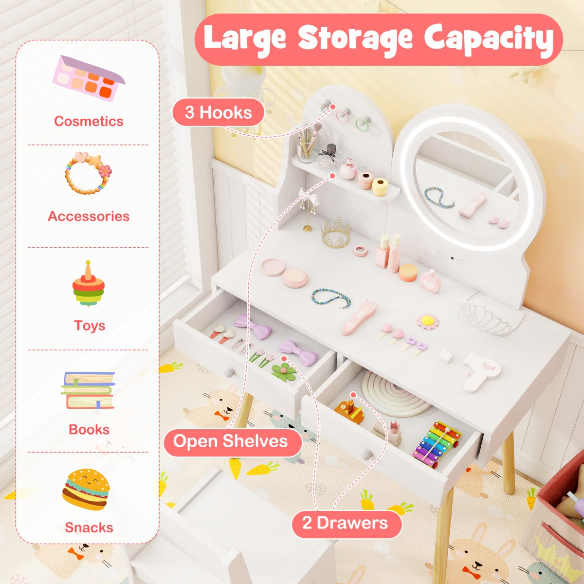 Livsk costway kinderkaptafelset met verlichte spiegel make uptafel en stoelset open plank haken en lades houten kaptafel wit 3