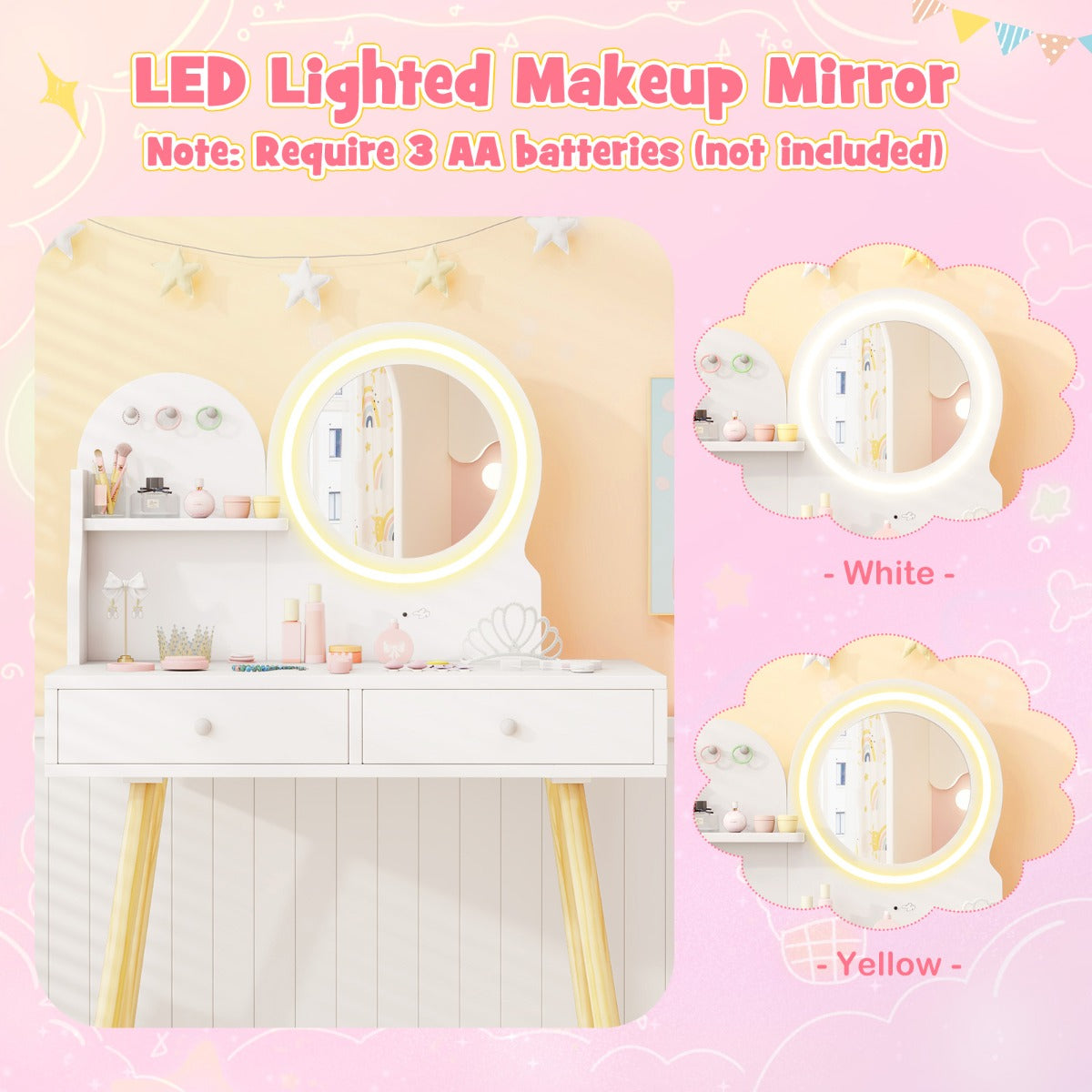 Livsk costway kinderkaptafelset met verlichte spiegel make uptafel en stoelset open plank haken en lades houten kaptafel wit 4
