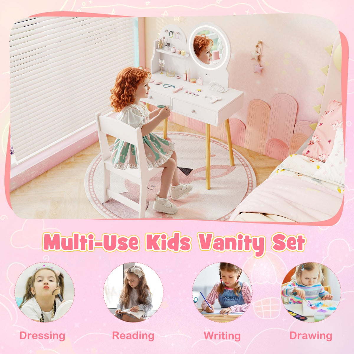 Livsk costway kinderkaptafelset met verlichte spiegel make uptafel en stoelset open plank haken en lades houten kaptafel wit 5