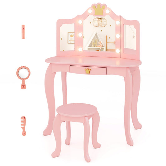 LIVSK Kinderkaptafelset - Kroonvorm - 2-in-1 Ontwerp als Kaptafel of Bureau - Antislipvoetjes - Inclusief Krukje - Roze/Wit
