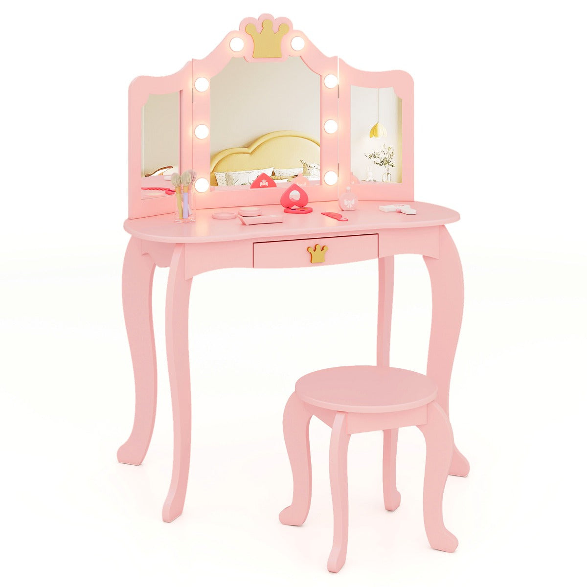 LIVSK Kinderkaptafelset - Kroonvorm - 2-in-1 Ontwerp als Kaptafel of Bureau - Antislipvoetjes - Inclusief Krukje - Roze/Wit