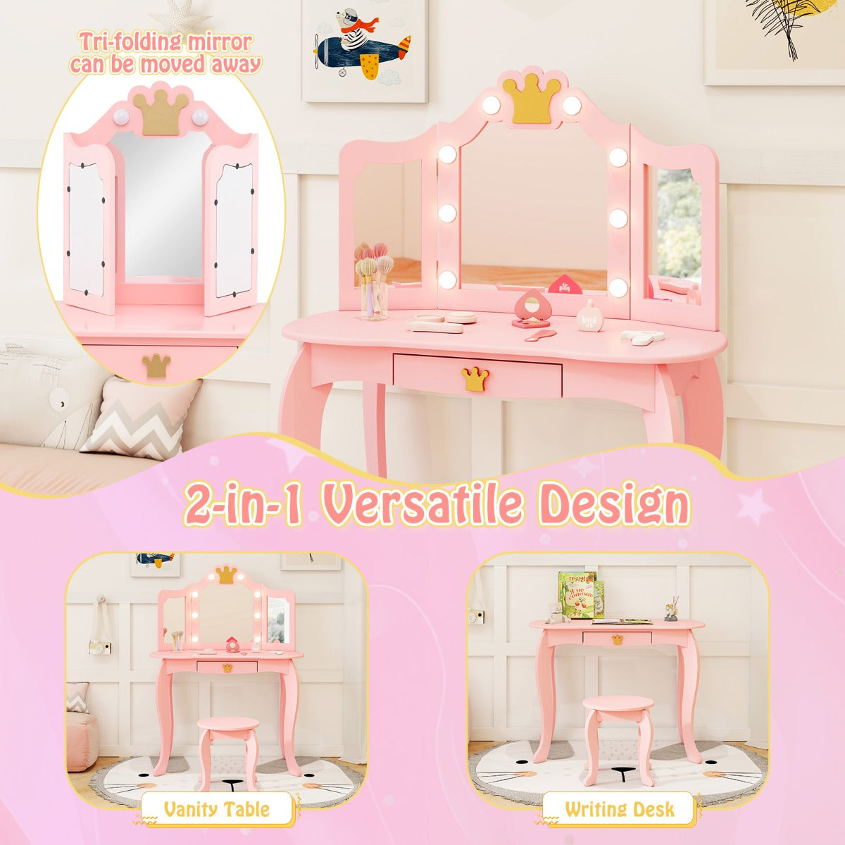 LIVSK Kinderkaptafelset - Kroonvorm - 2-in-1 Ontwerp als Kaptafel of Bureau - Antislipvoetjes - Inclusief Krukje - Roze/Wit