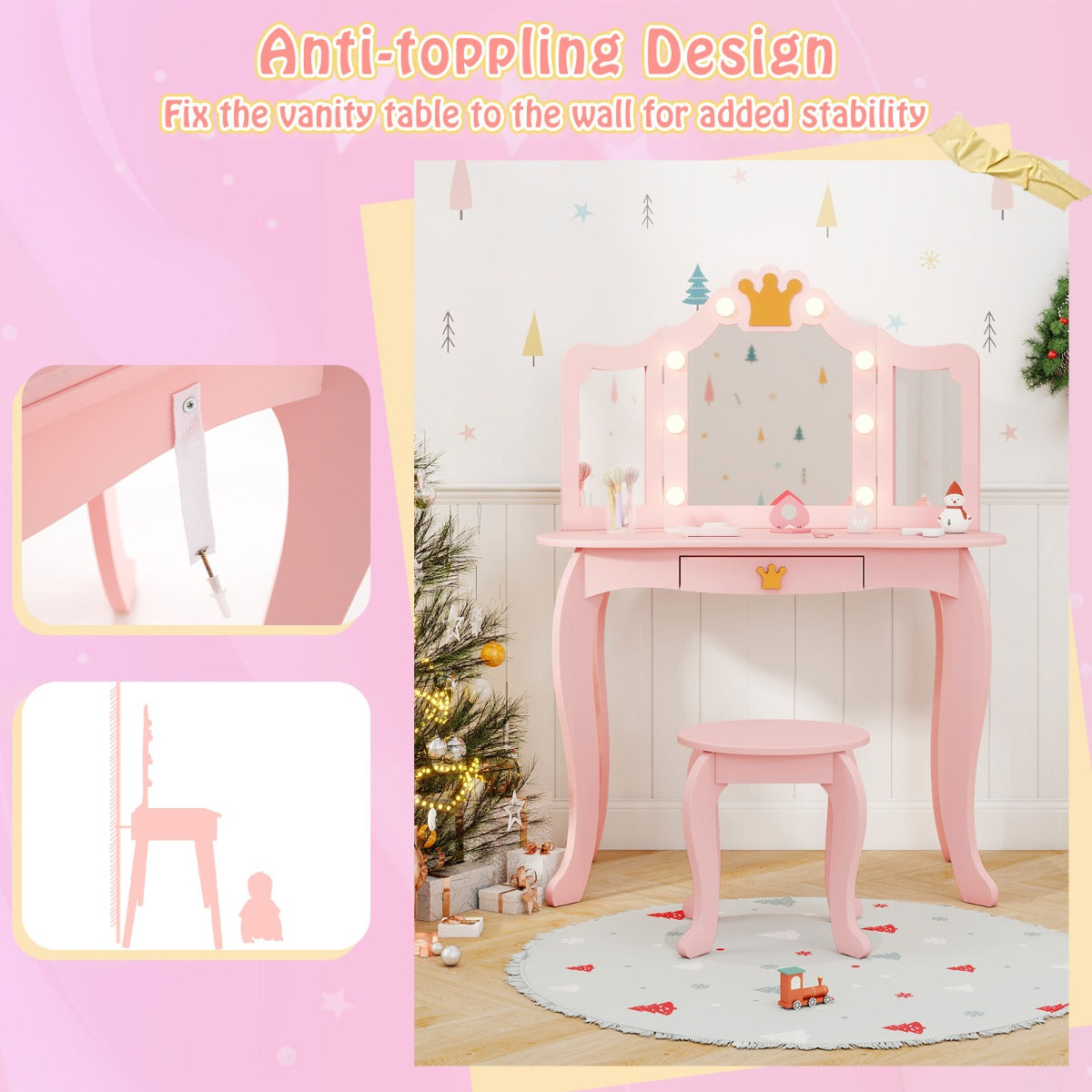 LIVSK Kinderkaptafelset - Kroonvorm - 2-in-1 Ontwerp als Kaptafel of Bureau - Antislipvoetjes - Inclusief Krukje - Roze/Wit