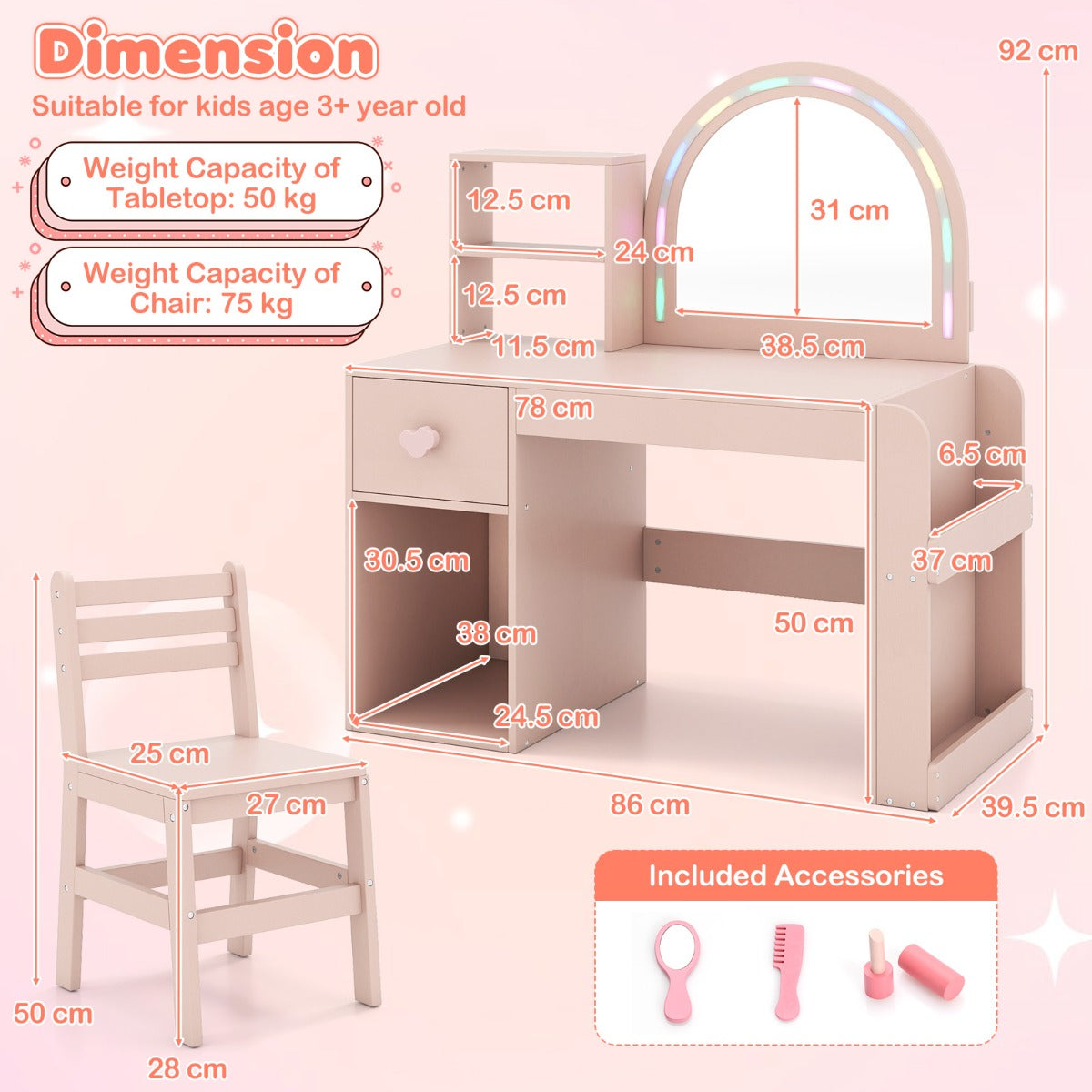Livsk costway kinderkaptafelstoel kaptafel met spiegel en verlichting roze 1 1
