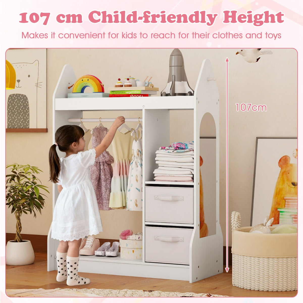 Livsk costway kinderkast verkleedcentrum met acrylspiegel kleerhanger bovenplank en open planken wit 2