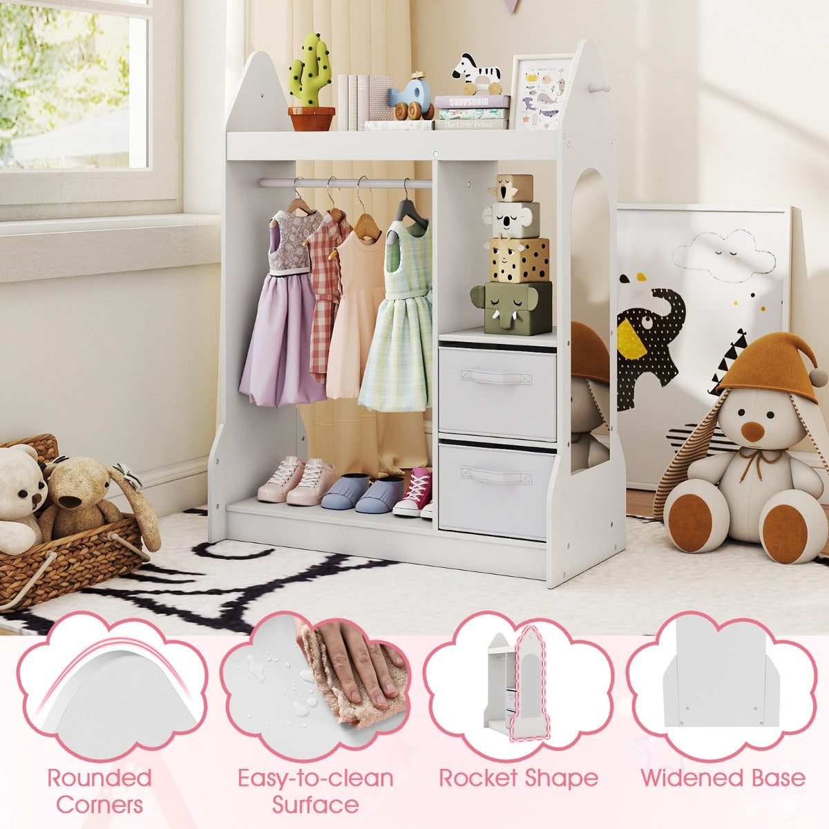 Livsk costway kinderkast verkleedcentrum met acrylspiegel kleerhanger bovenplank en open planken wit 3