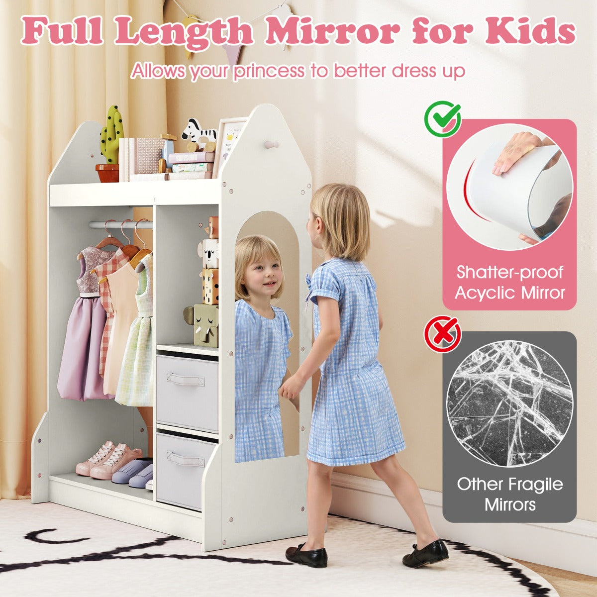 Livsk costway kinderkast verkleedcentrum met acrylspiegel kleerhanger bovenplank en open planken wit 5