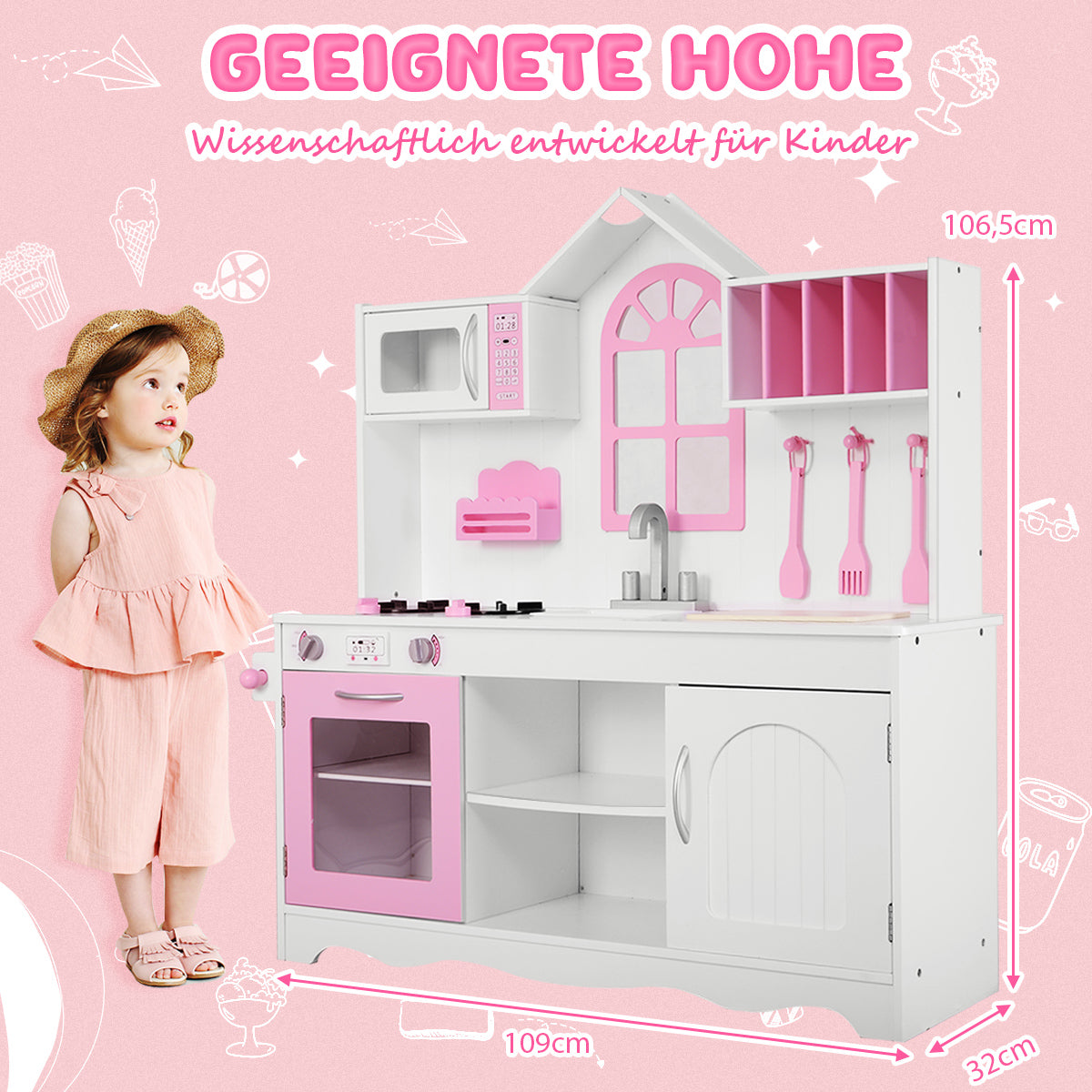 LIVSK Houten Kinderkeuken - Veilig en Duurzaam - Realistische Accessoires - Voor Peuters vanaf 3 jaar - 109 x 32 x 106,5 cm -