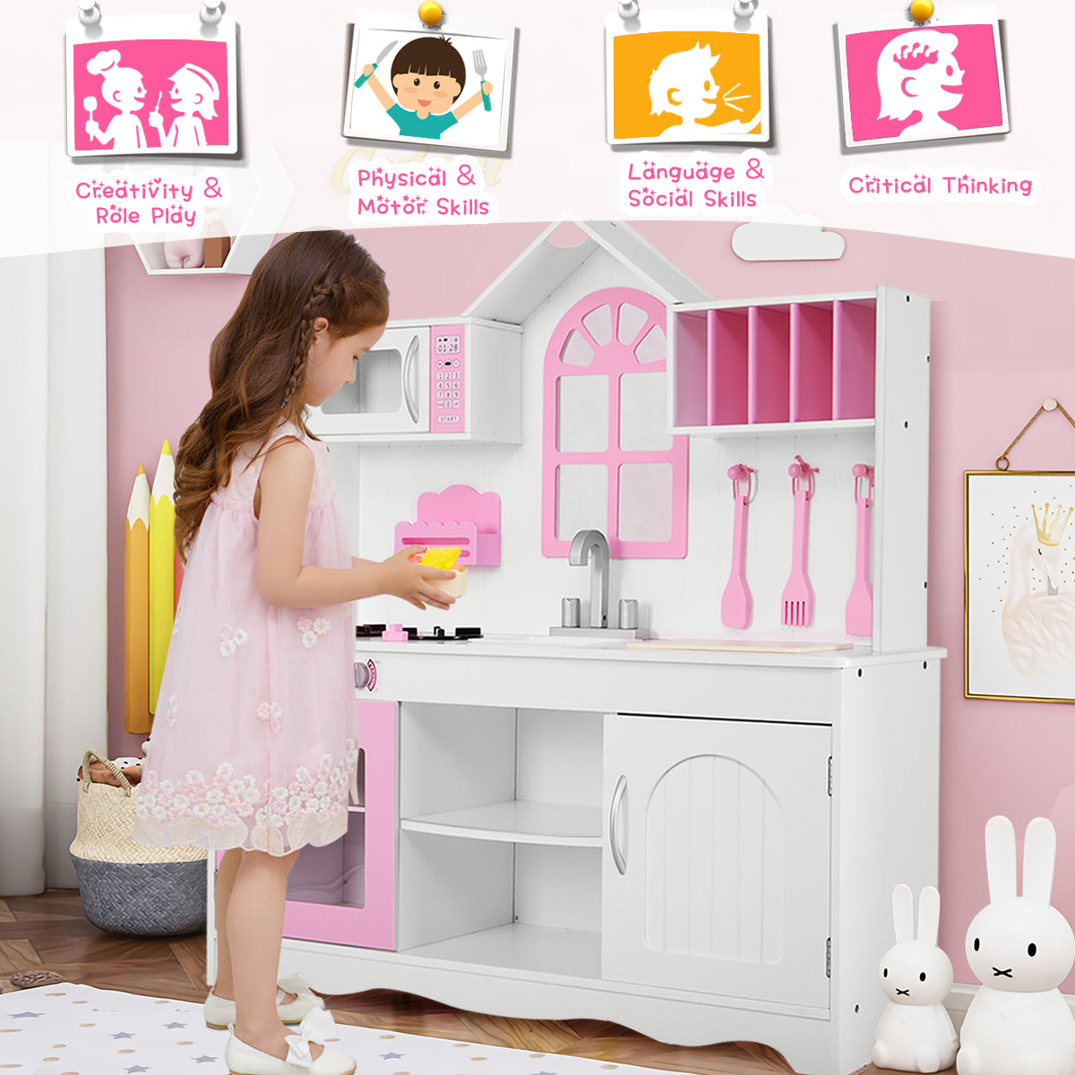 LIVSK Houten Kinderkeuken - Veilig en Duurzaam - Realistische Accessoires - Voor Peuters vanaf 3 jaar - 109 x 32 x 106,5 cm -