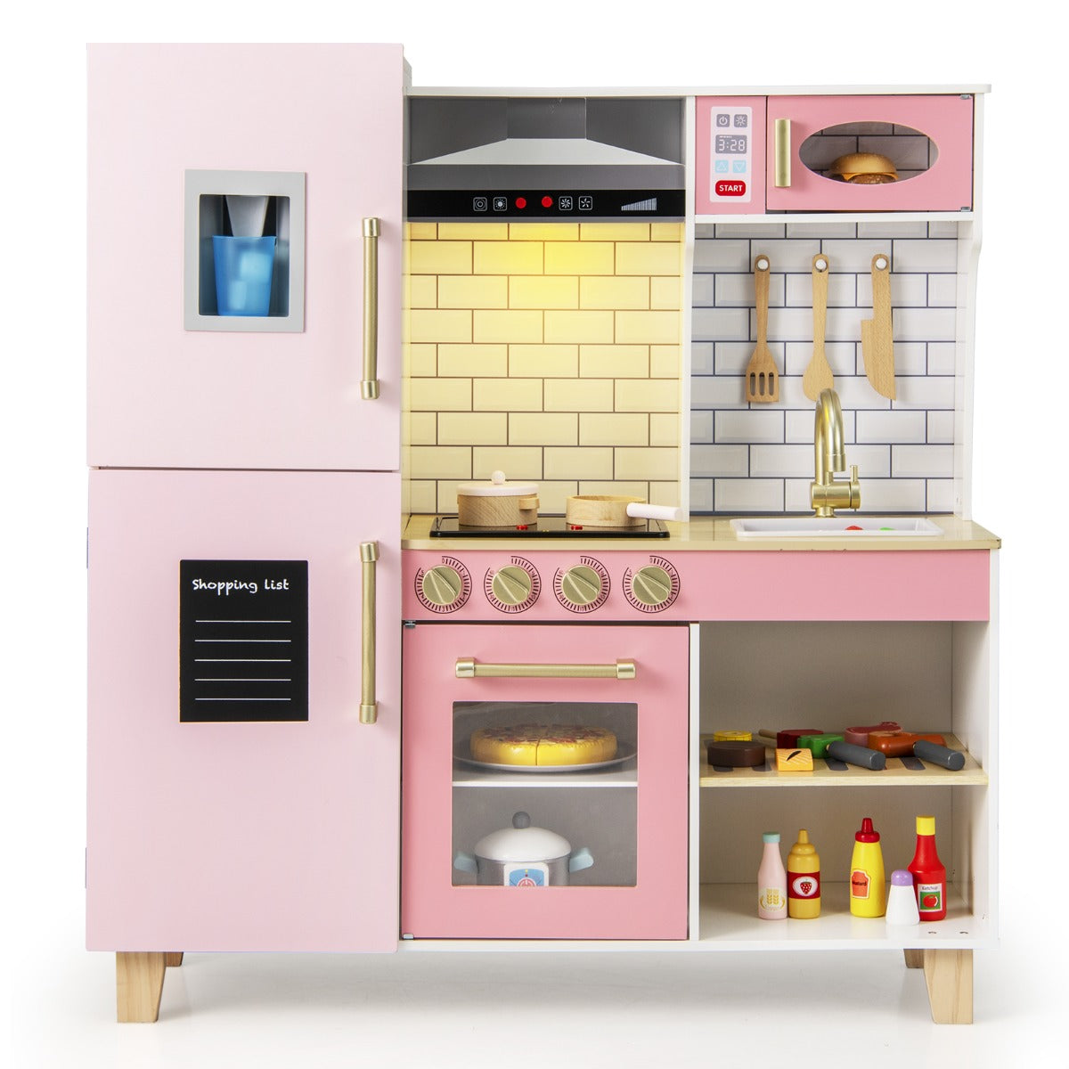 Livsk costway kinderkeuken houten speelkeuken met ijsblokjesmachine afzuigkap krijtbord barbecue keukengerei speelgoedkeukenset met licht en geluid 1 1