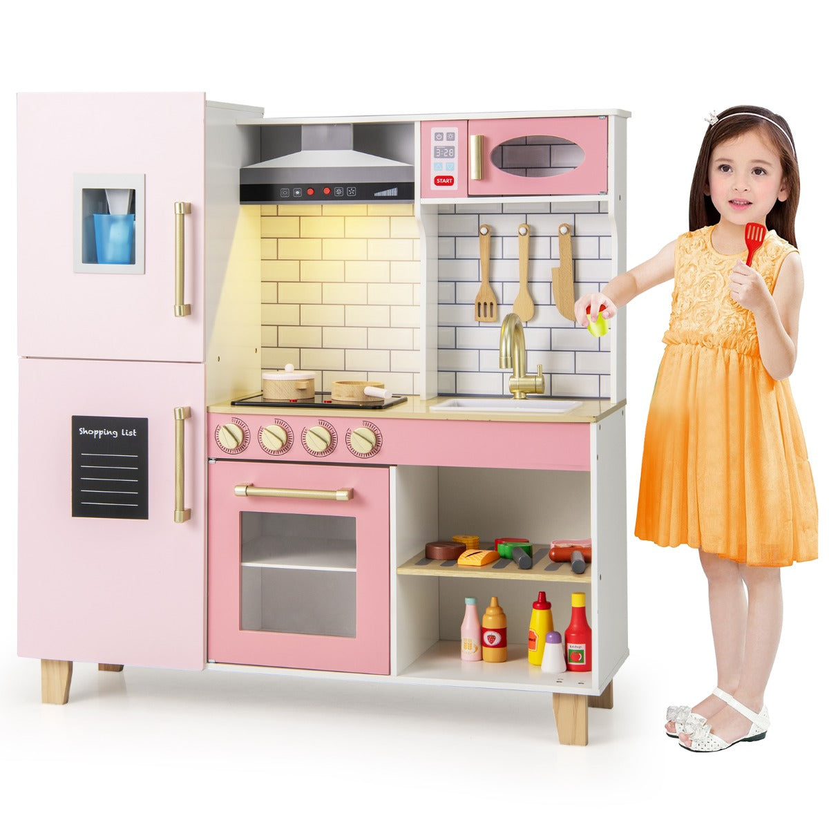 Livsk costway kinderkeuken houten speelkeuken met ijsblokjesmachine afzuigkap krijtbord barbecue keukengerei speelgoedkeukenset met licht en geluid