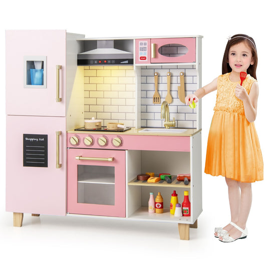 Livsk costway kinderkeuken houten speelkeuken met ijsblokjesmachine afzuigkap krijtbord barbecue keukengerei speelgoedkeukenset met licht en geluid
