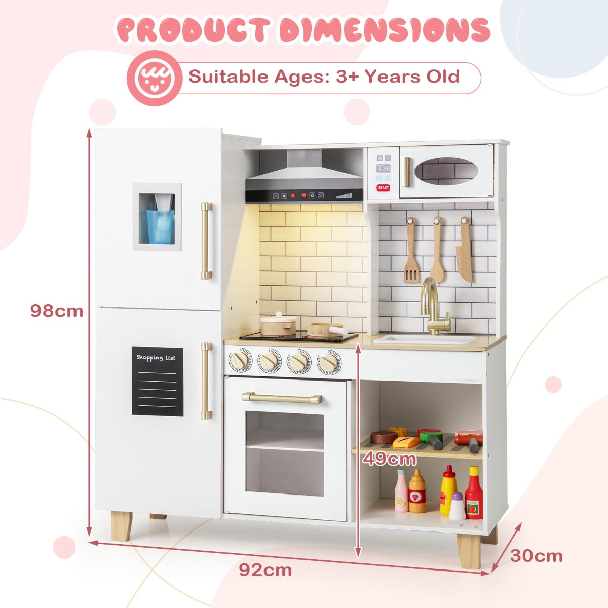 Livsk costway kinderkeuken houten speelkeuken met ijsblokjesmachine afzuigkap krijtbord barbecue keukengerei speelgoedkeukenset met licht en geluid wit 1 1