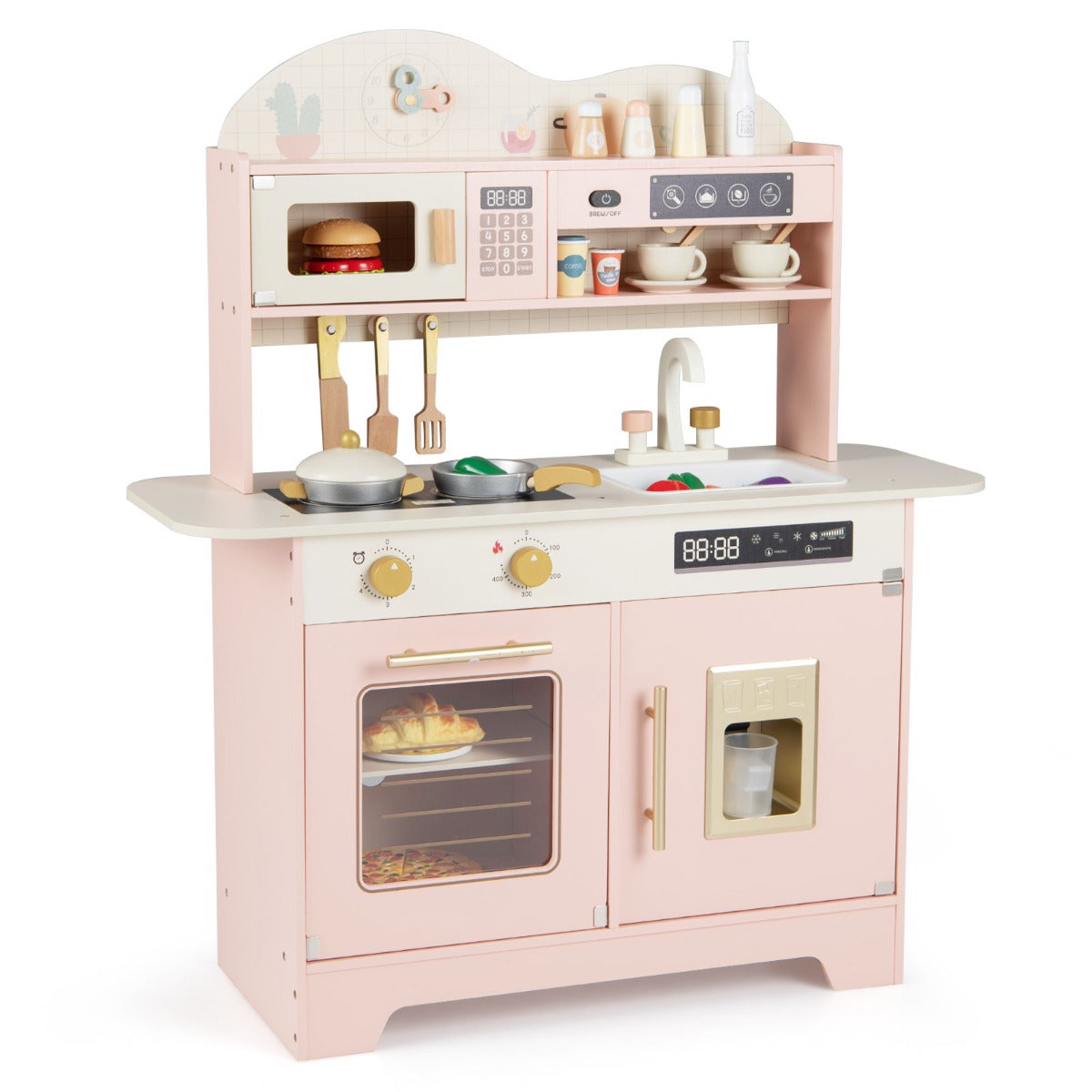 Livsk costway kinderkeuken houten speelkeuken met opbergruimte en 17 accessoires houten keuken voor kinderen vanaf 3 jaar roze