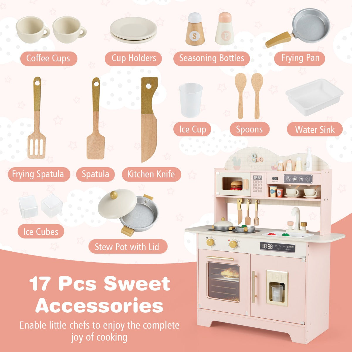 Livsk costway kinderkeuken houten speelkeuken met opbergruimte en 17 accessoires houten keuken voor kinderen vanaf 3 jaar roze
